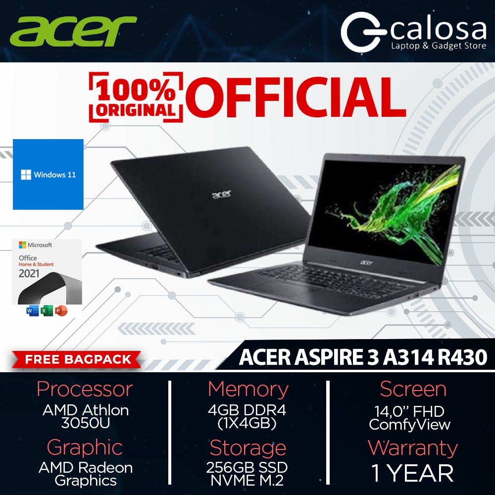 Jual ACER ASPIRE 3 A314-22-R430 AMD ATHLON 3050U 4GB 256GB 14 INCH FHD ...