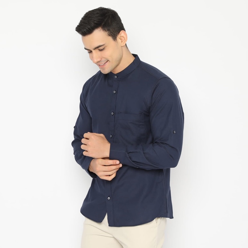 Jual Code Male - Zayn Kemeja Pria Kerah Koko Navy Dark Lengan Panjang ...