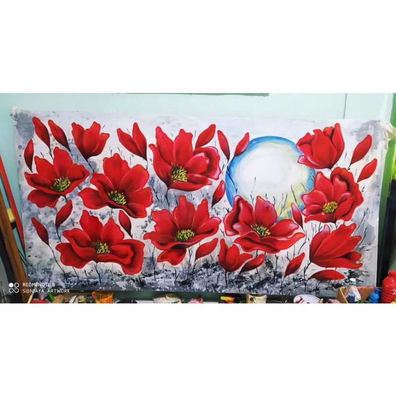 Jual LUKISAN ABSTRAK BUNGA MINIMALISASLI HASIL KARYA TANGAN UKURAN 1M X 2M HARGA HANYA LUKISAN