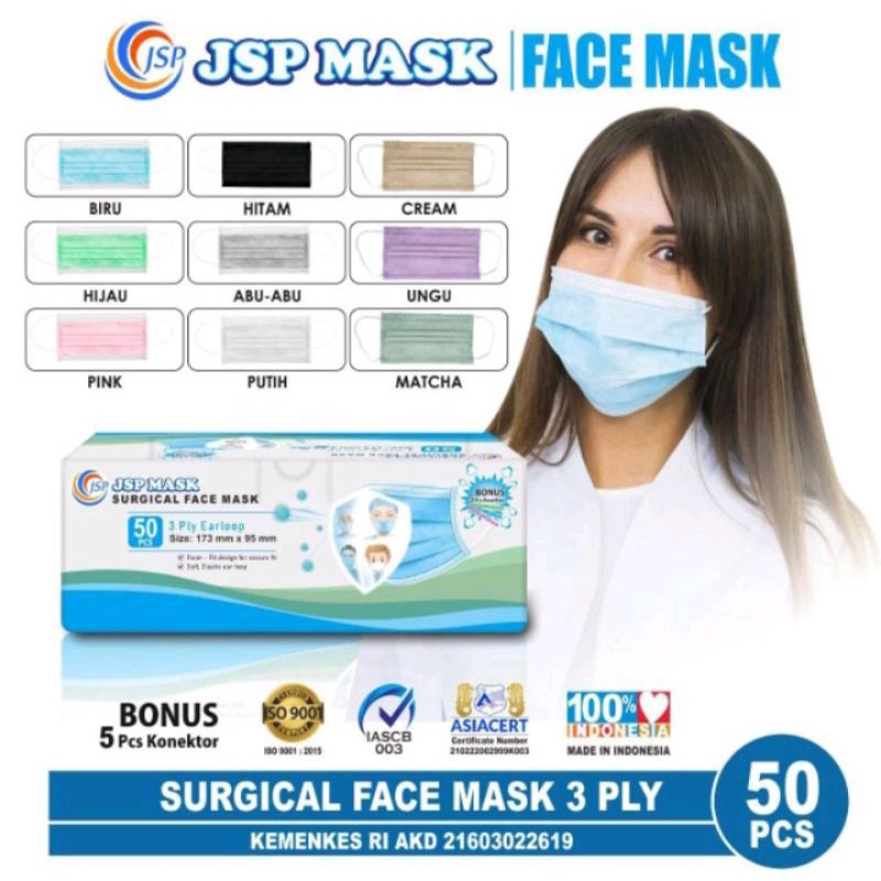 Jual Masker Medis JSP Cantol Surgical Face Mask Earloop 3Ply Isi 50 Pcs ...