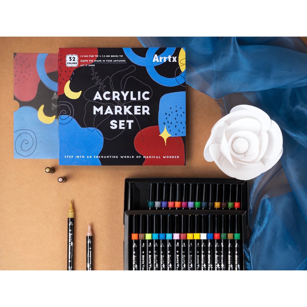 Arrtx 32 Colors Acrylic Marker, Brush Tip and Fine Tip (Dual Tip