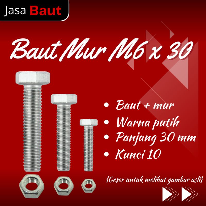 Jual Baut Mur M6 X 30 Kunci 10 | M6x30 | Baut Putih Galvanis | Shopee ...