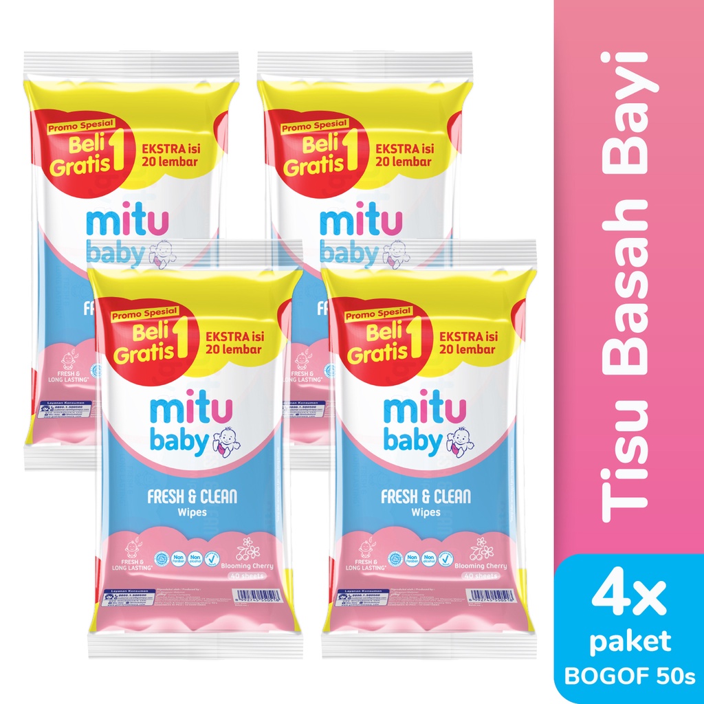 Jual [Beli 1 Gratis 1] Mitu Baby Fresh & Clean Wipes Blooming Cherry 50 ...