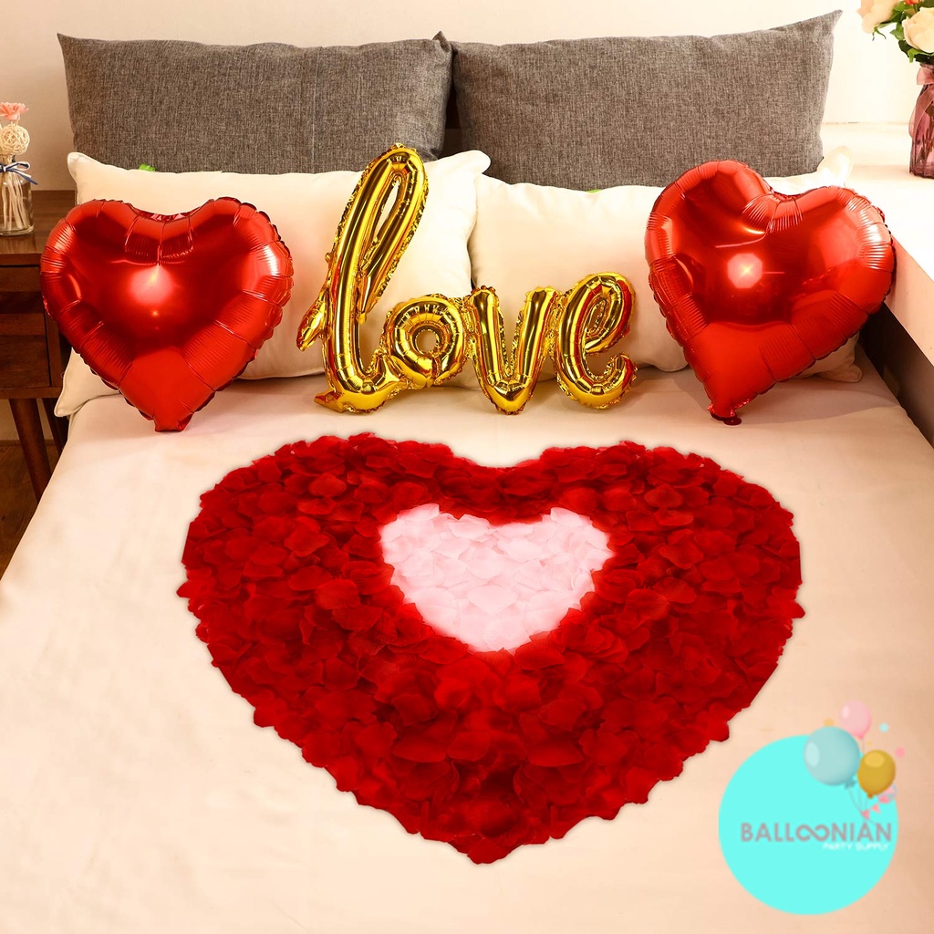 LOVE SAMBUNG & ROSE PETAL DEKORASI SET/DEKORASI VALENTINE/HAPPY WEDDING/ANNIVERSARY/BALON FOIL HATI