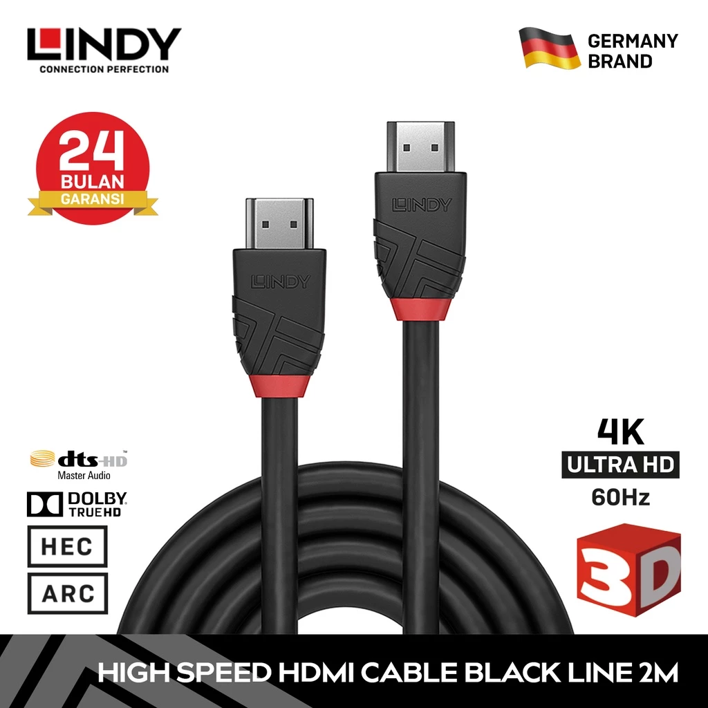 Kabel HDMI 2.0 LINDY 3M Black HDMI High Speed 4K 3D Ultra HD HDR Dolby Audio Cable 18Gbps 36473