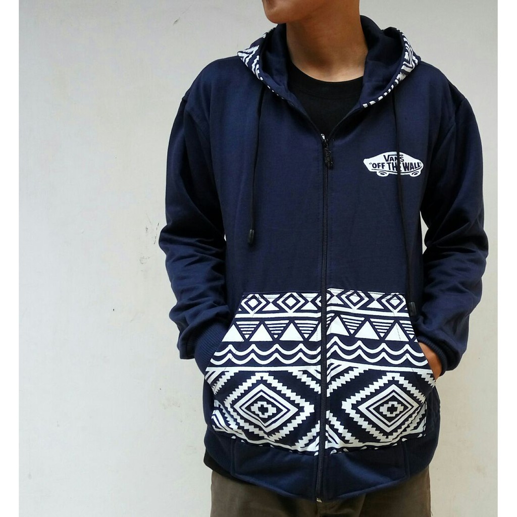 JAKET Hoodie vans motif BATIK Nusantara Resleting Size L Hitam Navy