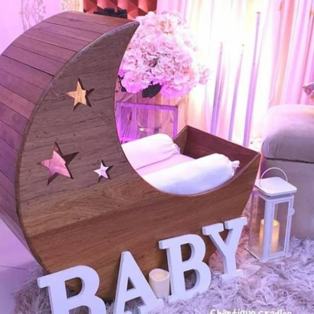 Jual tempat tidur bayi jati belanda bulan sabit dekorasi aqiqah