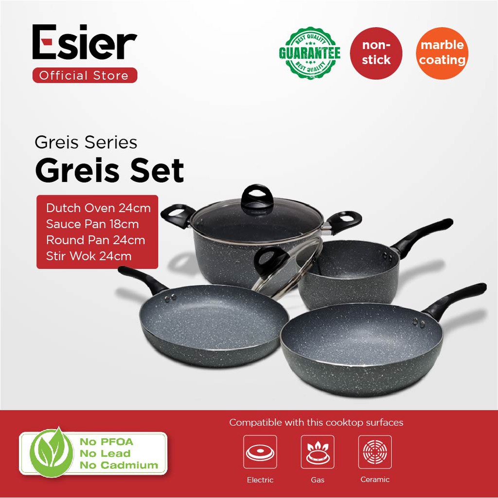 Jual Esier Cookware Greis Set ( Dutch Oven, Sauce Pan, Stir Wok, Round Pan Fry ) Wajan Panci