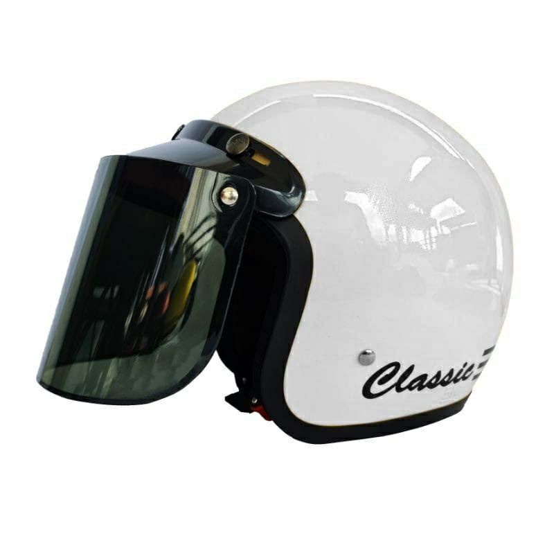 Jual helm bogo polos classic garis tiga kaca datar smoke/helm bogo