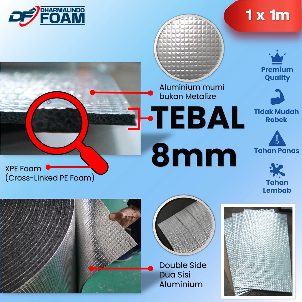 Peredam panas atap alumunium foil 8mm x 1mtr x 1mtr alumunium foil insulasi atap Double Side XPE Foam