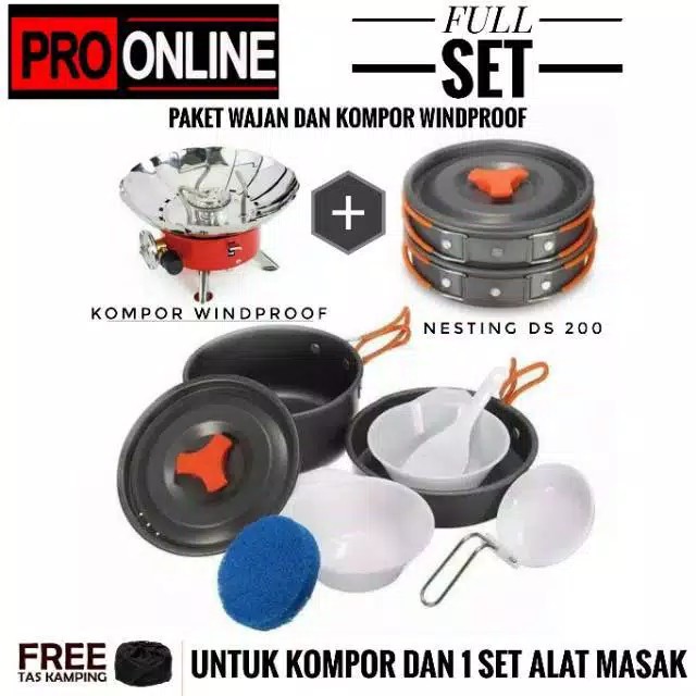 Jual Paket Cooking Set 2-3 Orang + Kompor Portable Dan Windproof ...