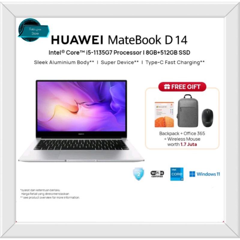 Huawei MateBook D14 NBD-WDH9 14 Intel i5-1135G7 8GB 512GB SSD Win11H New
