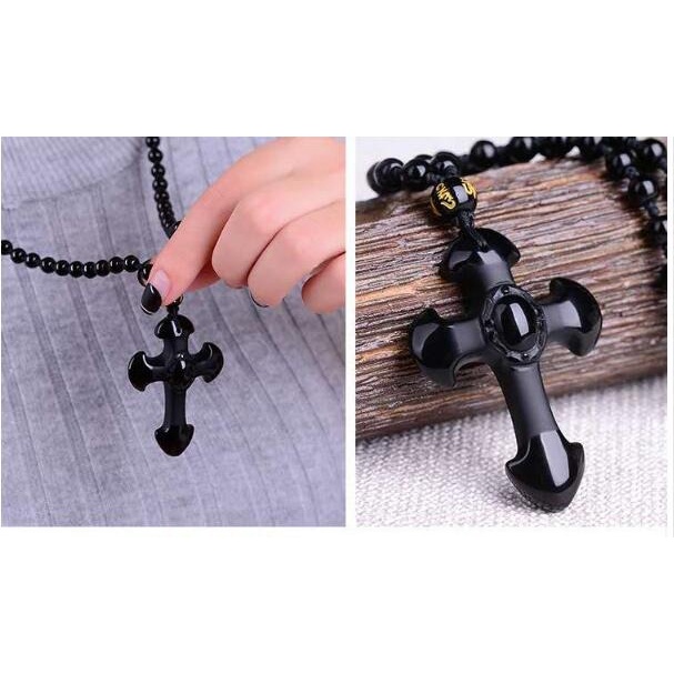 ALPHA OMEGA - Kalung Salib Batu Alam Obsidian - Aksesoris Rohani Kristen Katolik