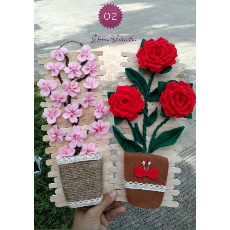 Jual bunga hiasan dinding flanel prakarya kerajinan stik es krim kain