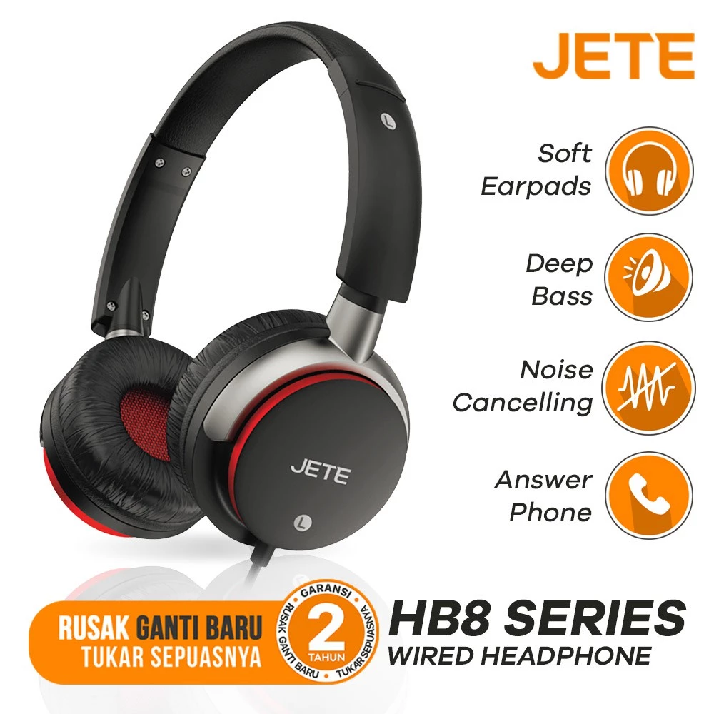 Headset Headphone Kabel JETE HB8 with Noise Cancelling Stereo - Garansi 2 Tahun
