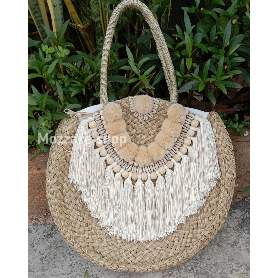 tas mendong bali handmade kerang pompom tas rotan pantai murah