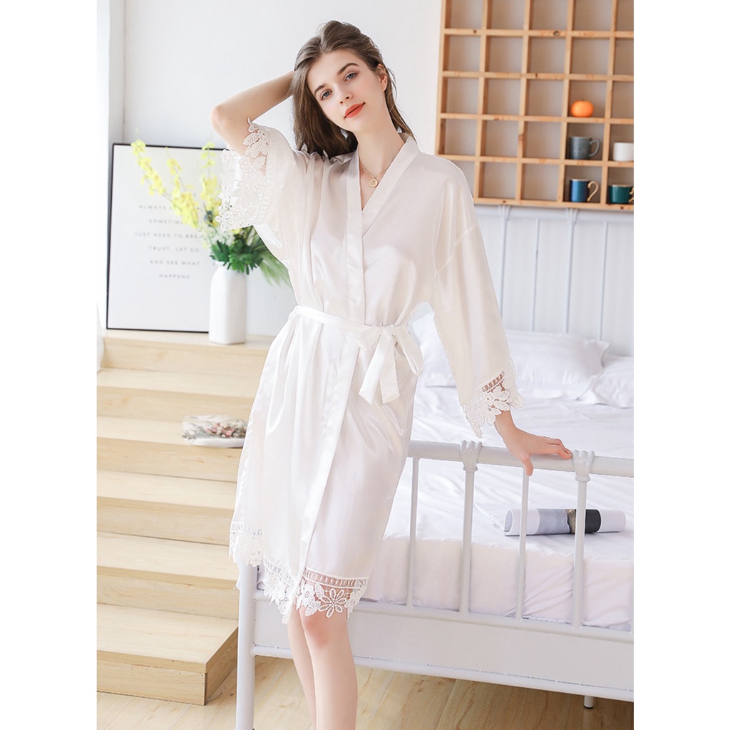 Jual Baju Tidur Satin RENDA Kimono Robe Pengantin Wedding Wanita