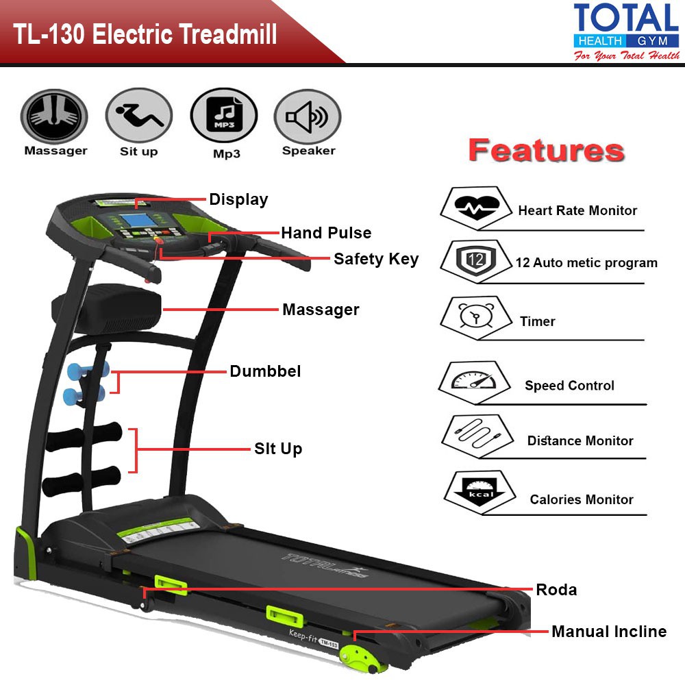 Jual Treadmill Elektrik 5 Fungsi Motor 2 Hp Tl 130 Manual Incline