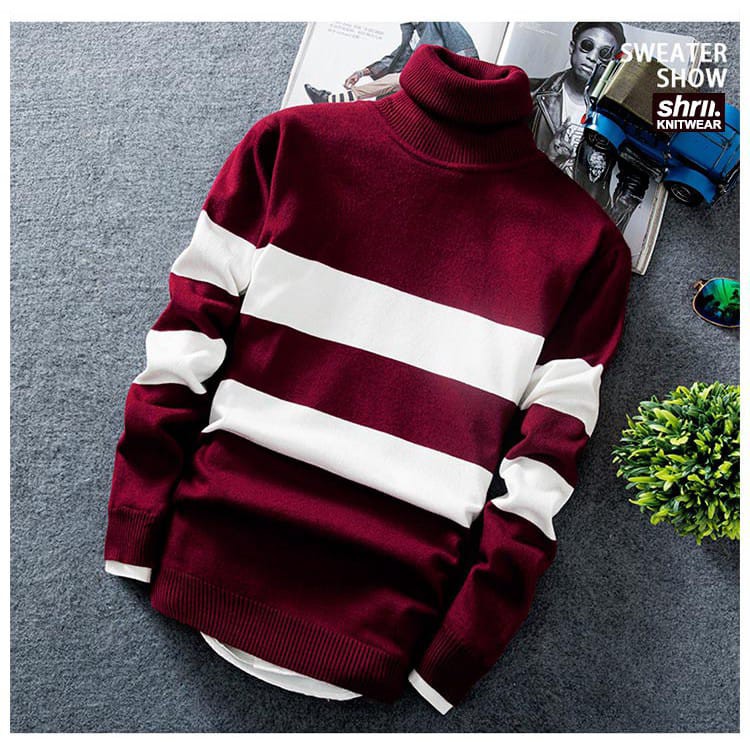 Jual Sweater Rajut Kerah Tinggi Strip Pria High Quality Warna