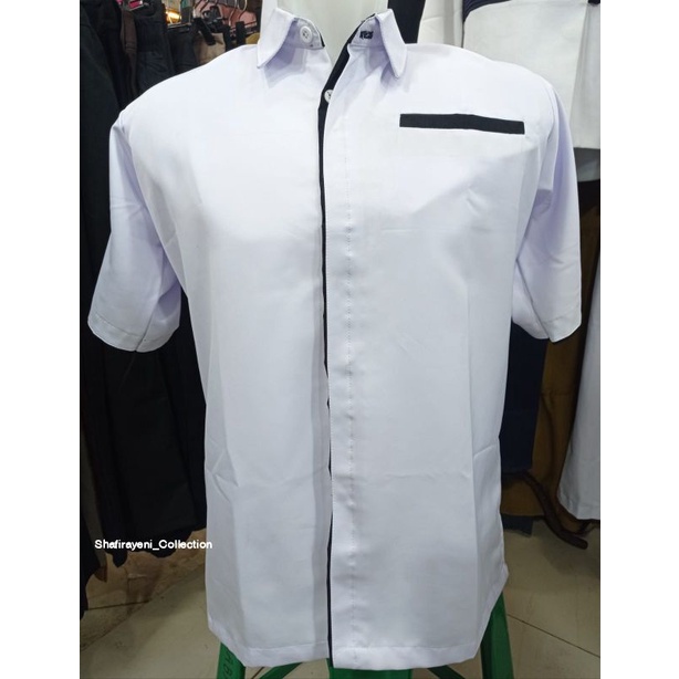 Jual Kemeja PRIA Dinas Putih List Hitam Pendek ~ Free nama/ Baju Kantor