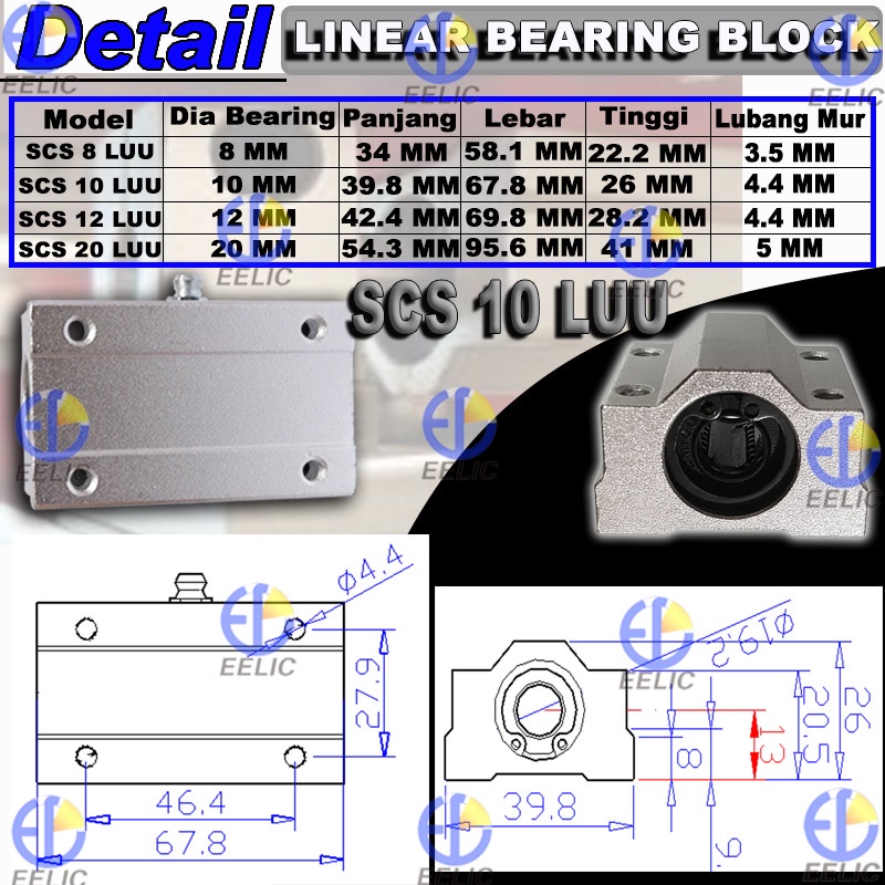 Jual EELIC LBB-SCS10LUU Linear bearing block scs 10 luu dengan ukuran ...