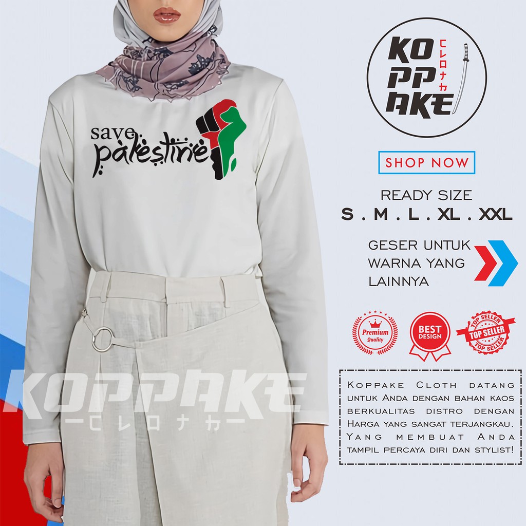 Jual Kaos Cewek Save Palestina Lengan Panjang Wanita Hijab Baju Distro