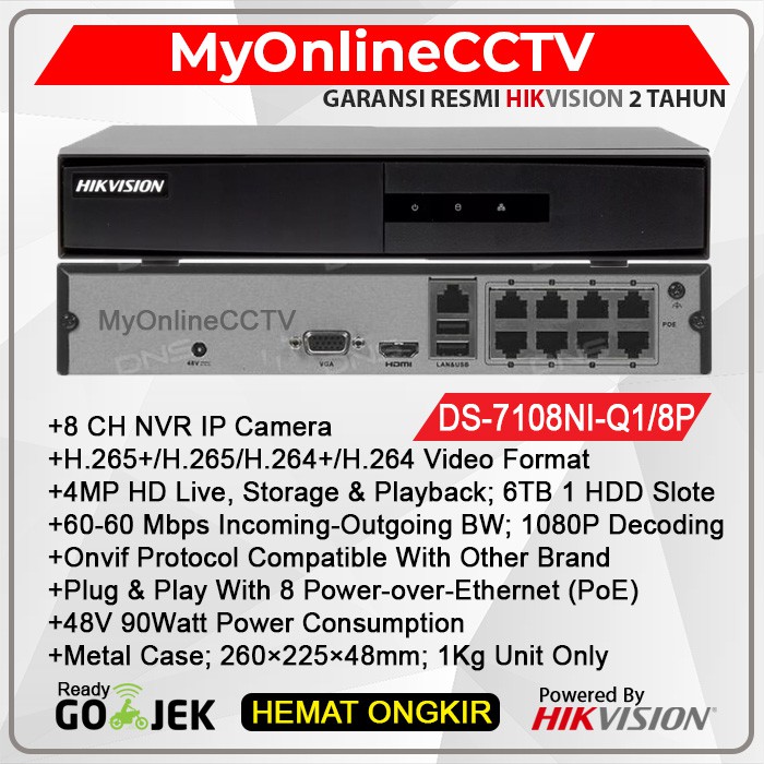 Jual DS-7108NI-Q1/8P/M NVR HIKVISION DS 7108NI Q1 8P M POE CH