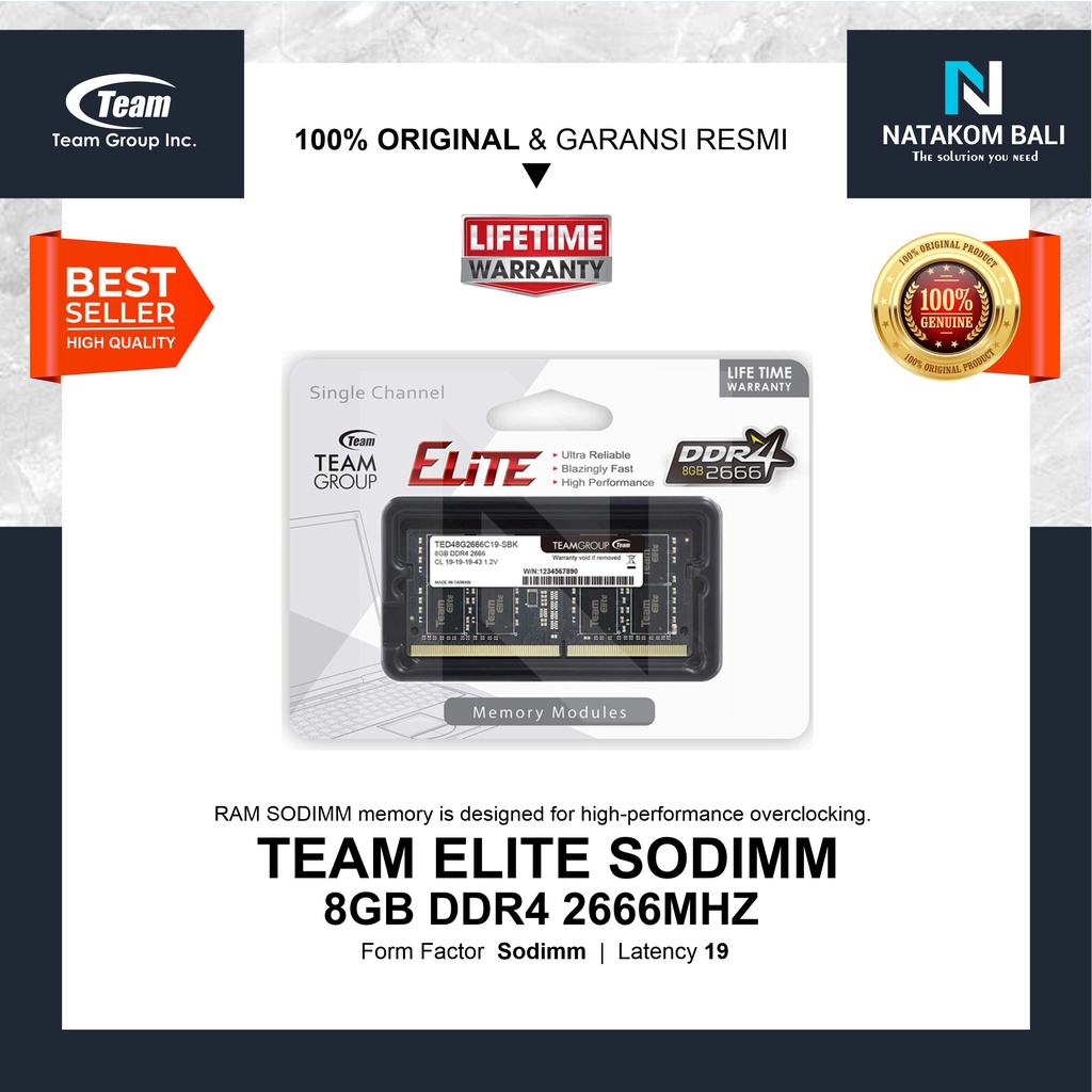 Jual RAM LAPTOP MEMORY SODIMM TEAM ELITE 8GB DDR4 2666MHz | Shopee ...