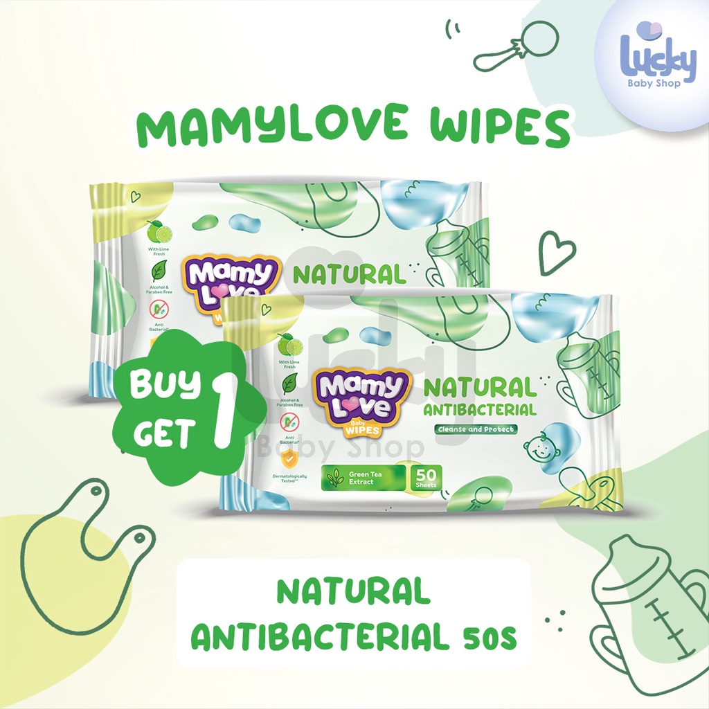 Jual MAMYLOVE BABY WIPES NATURAL ANTIBACTERIAL GREEN TEA 50S {BUY 1 GET