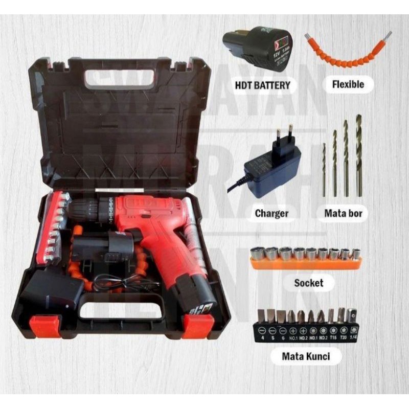 Jual Mesin Bor 2 Baterai HDT Bor Cordless Drill Mata Obeng Set Portable ...