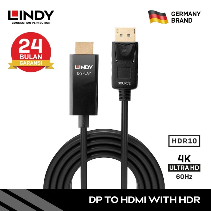 LINDY Kabel Display Port to Hdmi 5M Converter DP to Hdmi Active Adapter Cable Male to Male 4K HDR 40928