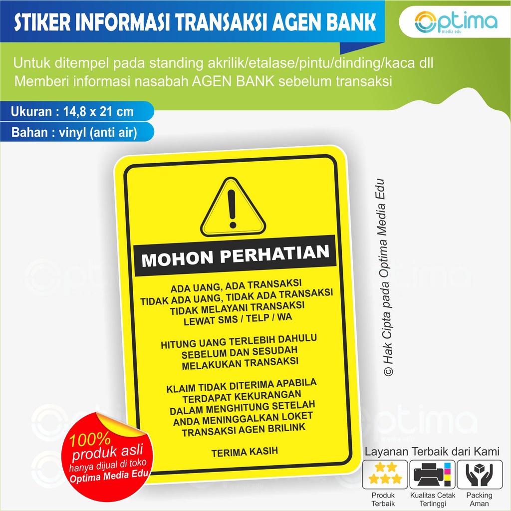 Jual STIKER INFORMASI TRANSAKSI UNTUK NASABAH AGEN BANK | Shopee Indonesia