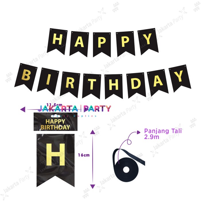 Jual Banner Happy Birthday Hitam Gold #2 / Bunting Flag HBD / Banner ...