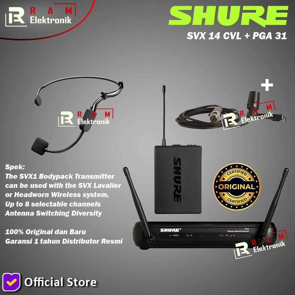 Jual Mic Wireless SHURE SVX14 CVL + PGA31 Model Bando + Clip On Original |  Shopee Indonesia