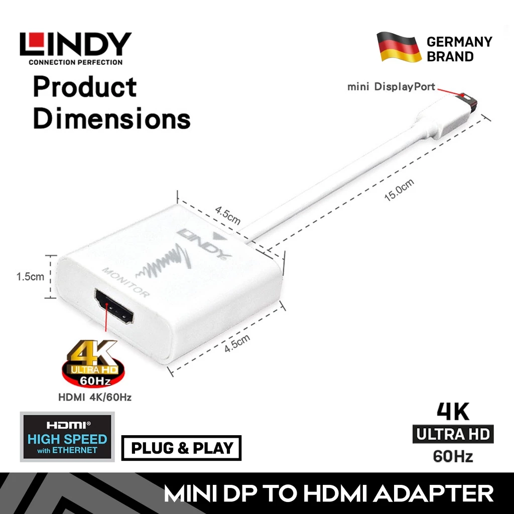LINDY Converter Mini DisplayPort to Hdmi Adapter Active Mini DP 1.2 to Hdmi 2.0 4K 60 UHD HDCP Mac 41069
