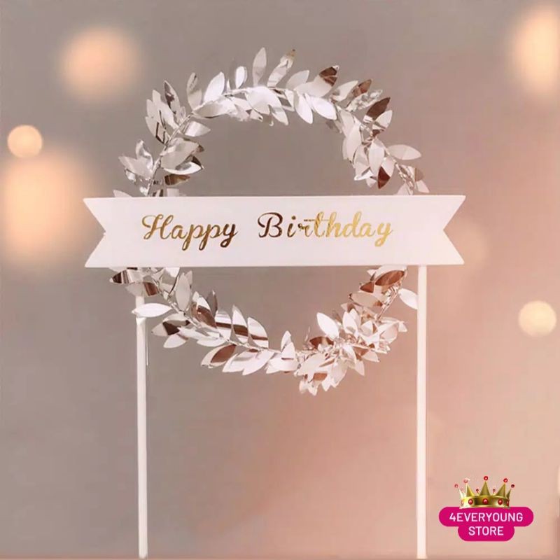 Jual Topper Kue Desain Garland Daun Tulisan Happy Birthday Silver/Gold ...