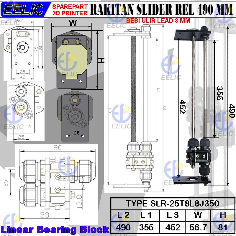 Jual EELIC SLR-25T8L8J350 Rakitan slider rel panjang 490 mm linear ...