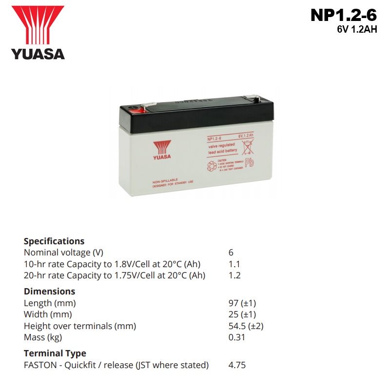 Yuasa NP1.2-6 6V 1.2Ah Battery Specifications
