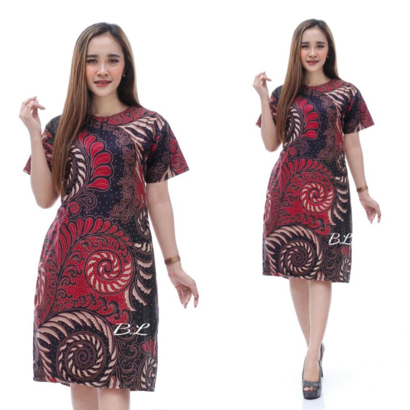 Jual Baju Dress Wanita Modern Model Terbaru Motif Batik Lengan Pendek Selutut Party Natal