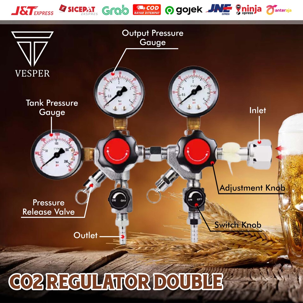 Jual regulator CO2 double body guage home brewing kegerator gas soda