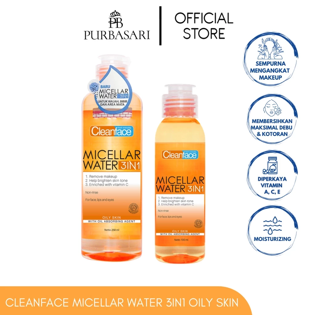 Pembersih Wajah Cleanface Micellar Water 3in1 untuk Kulit Berminyak 250 ml dan Makeup Waterproof