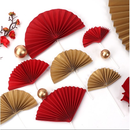 Jual Tusukan Imlek Kipas Merah hiasan kue kipas lipat cny cake