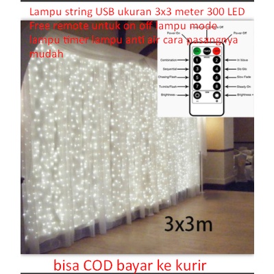 Jual Lampu string USB ukuran 3x3 meter 300 LED Free remote untuk on off ...