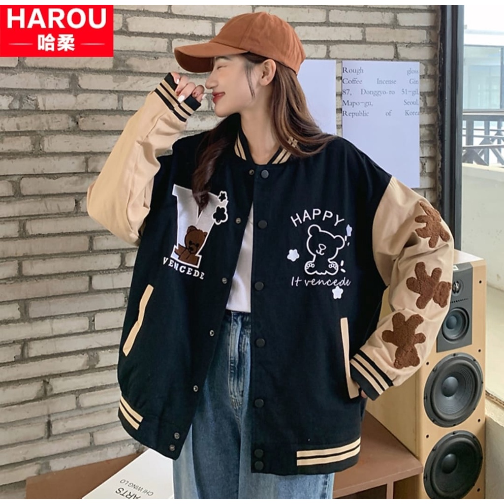 Jual V Happy Jaket Baseball Oversize Wanita Korean Style Outerwear