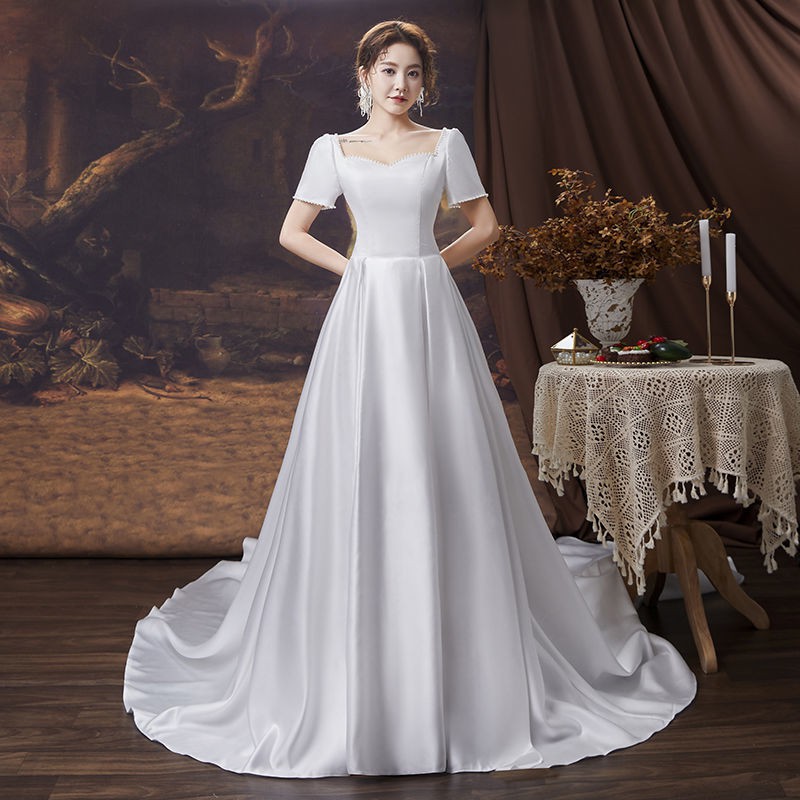 Jual Satin Putih Wanita Bridal Wedding Dress Lengan Pendek Gaun
