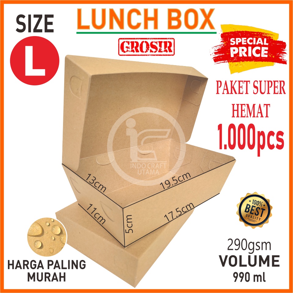 Jual Lunch Box Size L 1000 pcs Kotak Makan Kertas Brown Paper Box