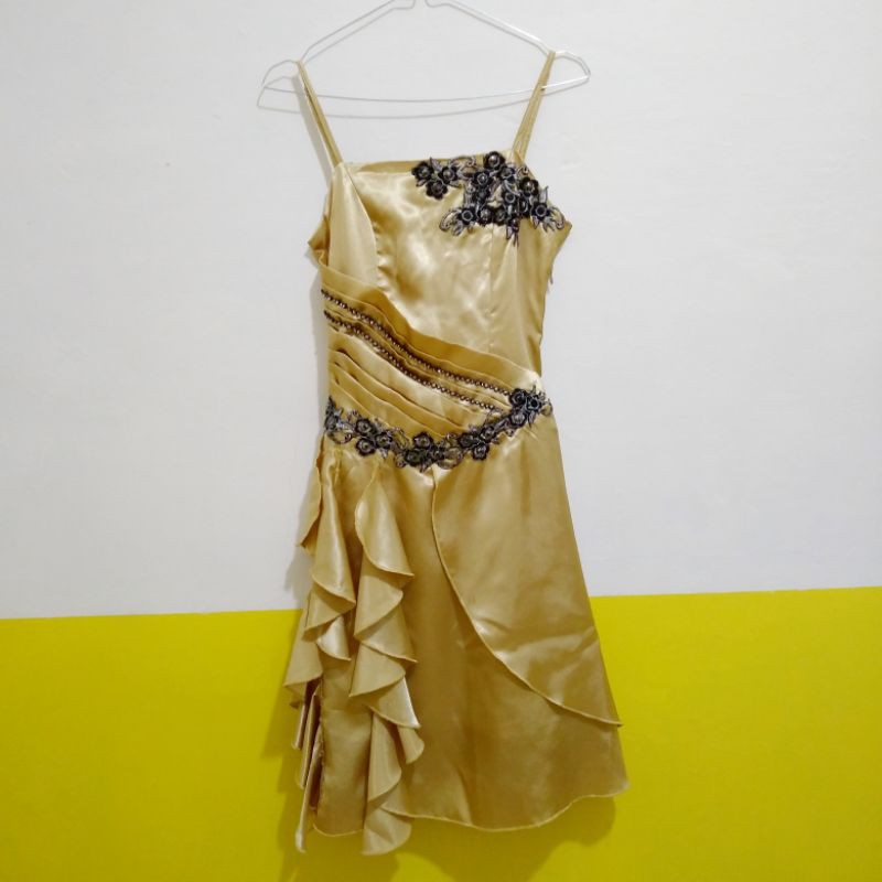 dress warna gold Gold Color Short Party Dresses A Line Satin Semi Formal Gown Cocktail –  Siaoryne main image 0