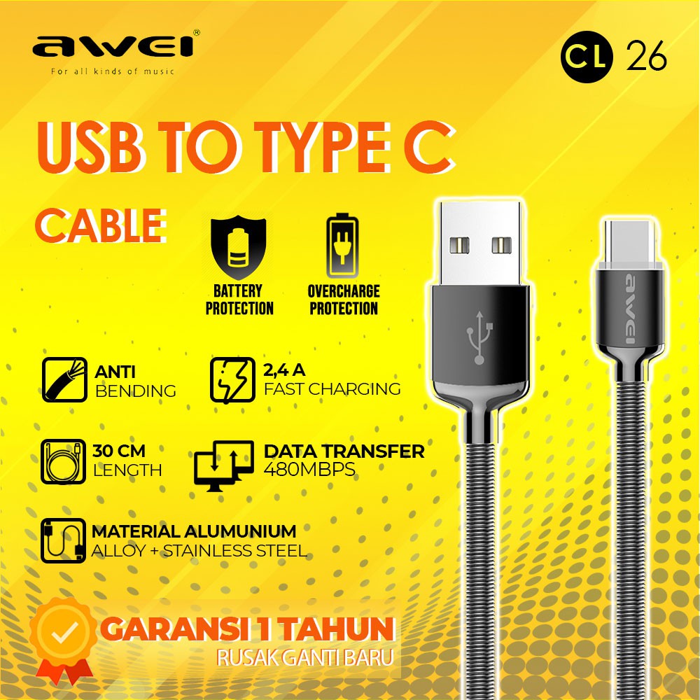 Jual KABEL DATA USB CHARGER TYPE C FAST CHARGING 2.4A 30cm AWEI ...