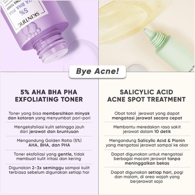 SKINTIFIC 2% Salicylic ACID Acne Spot Treatment Gel & 5%AHA BHA PHA Exfoliating Toner (Bye Acne Kit)