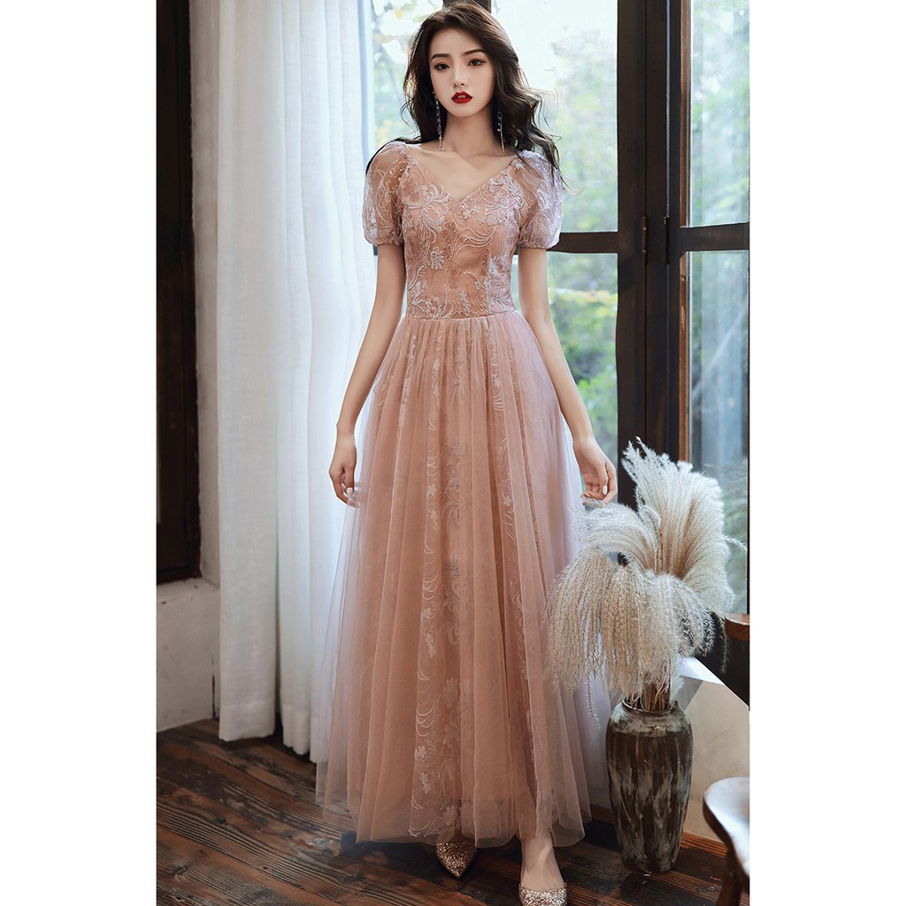 Jual Gaun Pesta 2007024 Pink Peach Gold Party Dress Gown Shopee